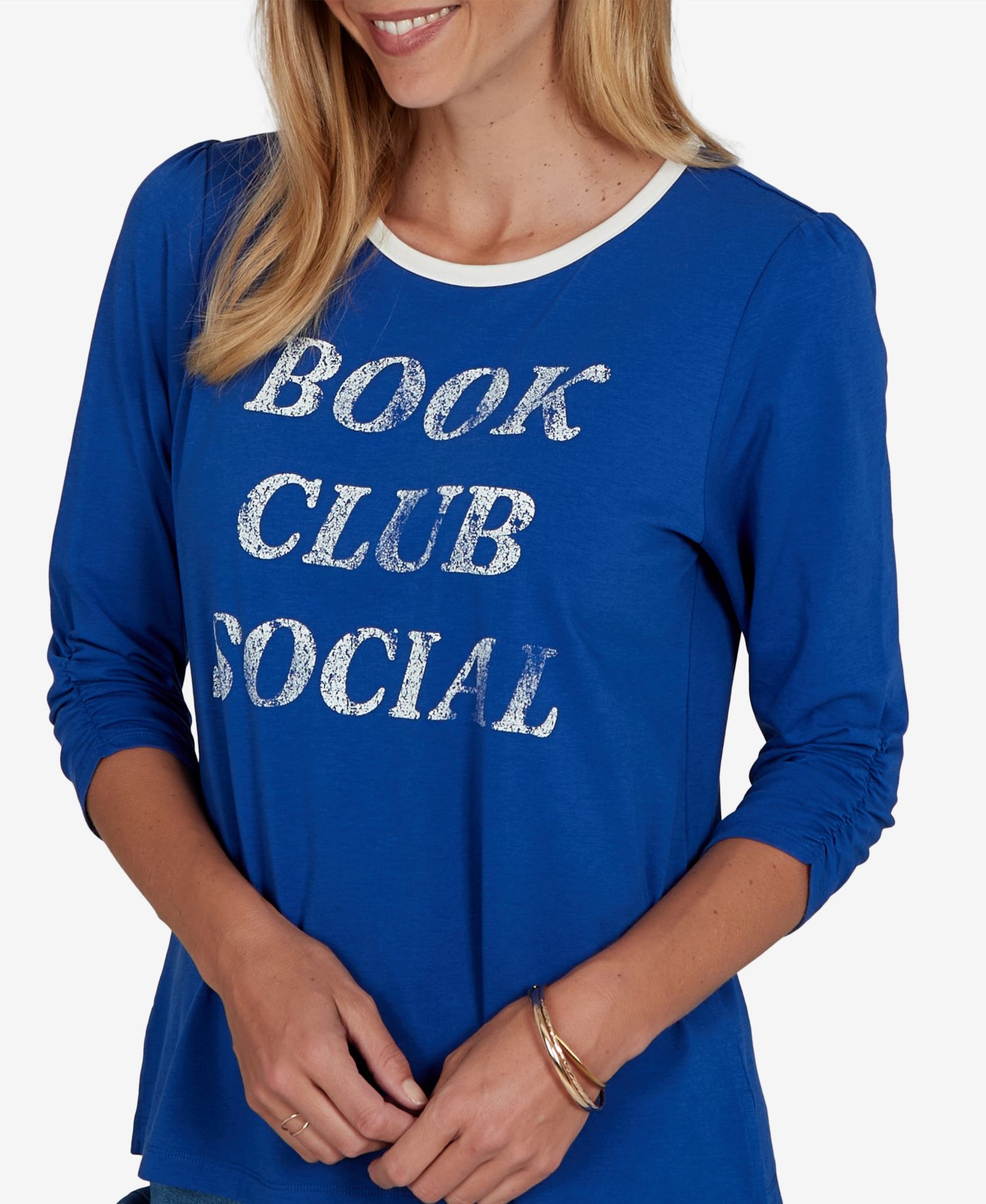 Petite Book Club 3/4-Sleeve Graphic-Print Top