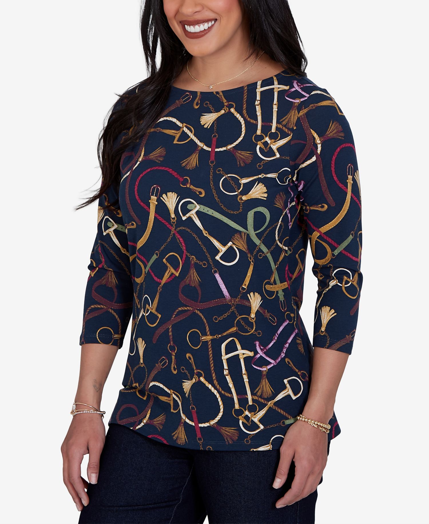 Petite Boat Neck 3/4-Sleeve Equestrian Print Blouse