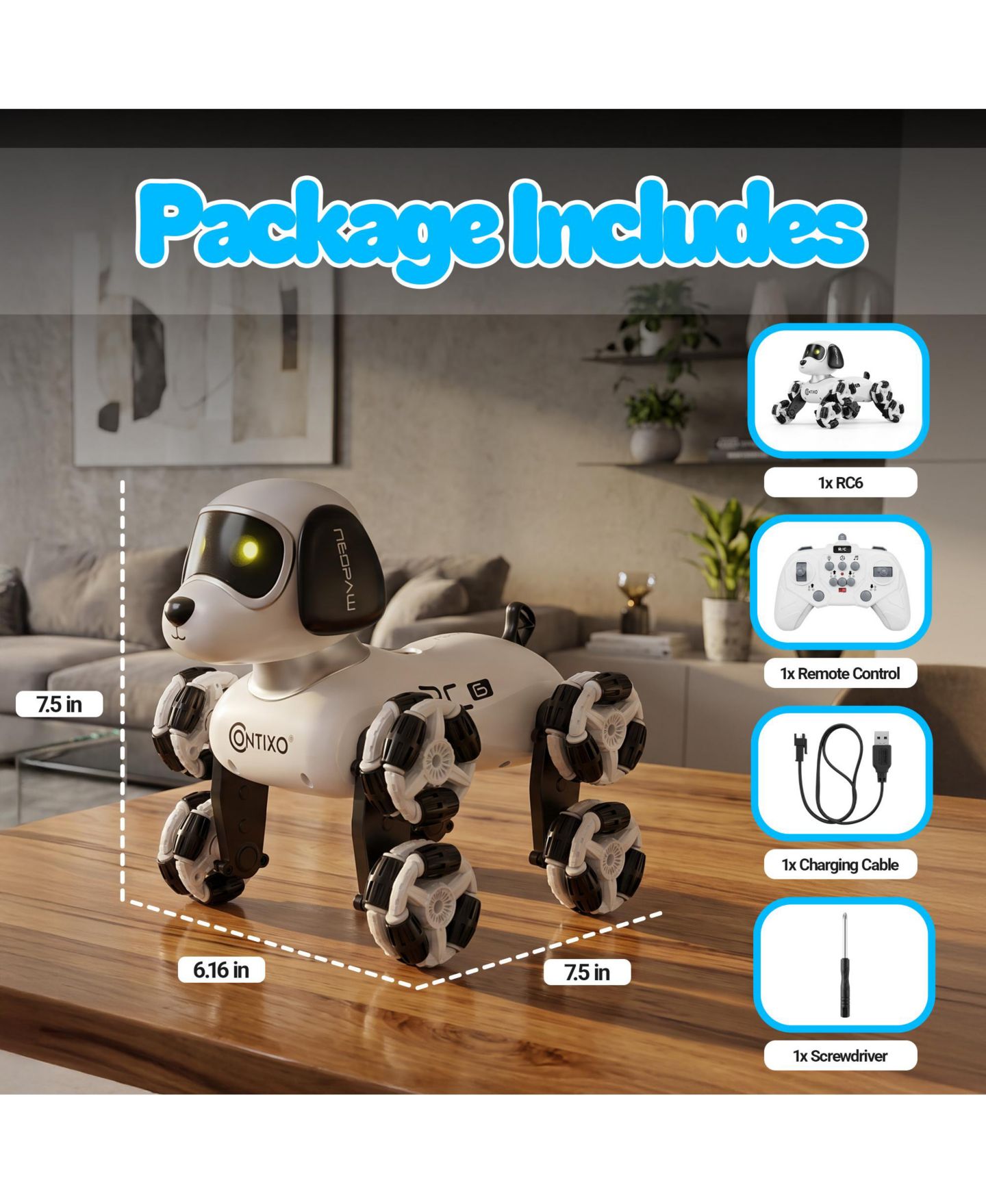 Детская игрушка Contixo RC6 NeoPaw 8-Wheel LED RC Robot Dog with Sounds, цвет: Белый / Чёрный — фото 9