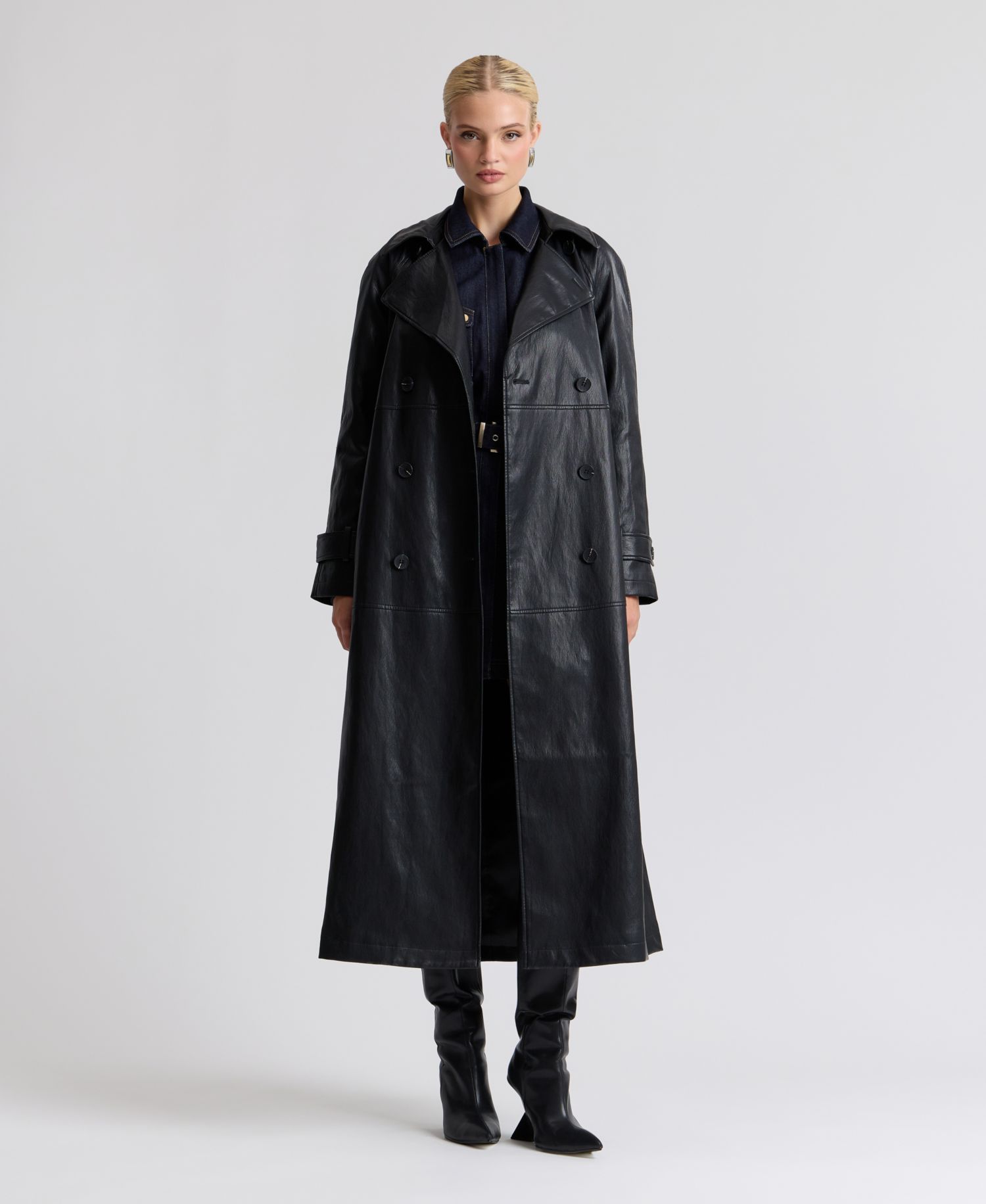 Women's Faux-Leather Belted Raglan-Sleeve Trench Coat
