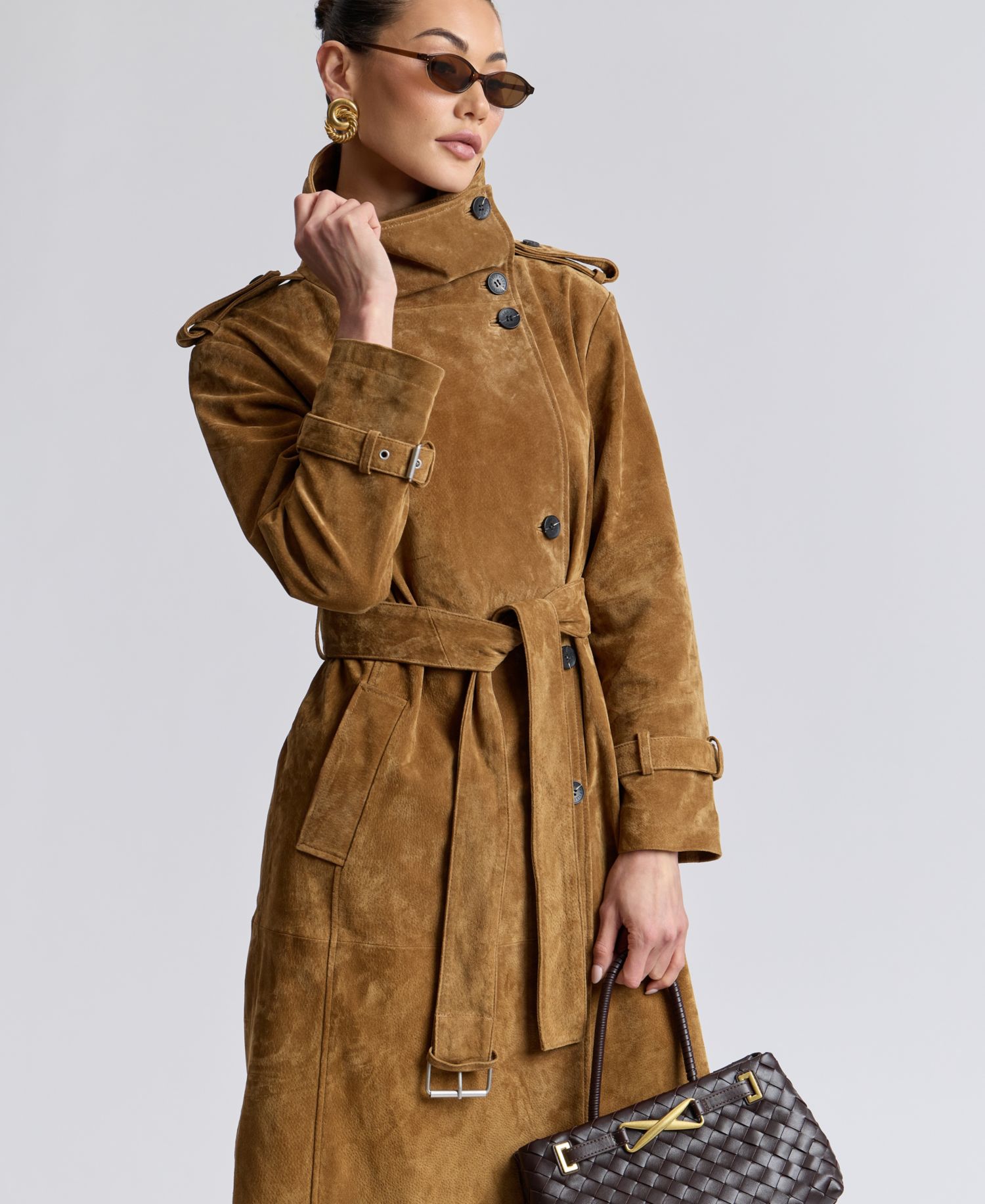 Women's Funnel-Neck Suede Oversized Trench Coat
