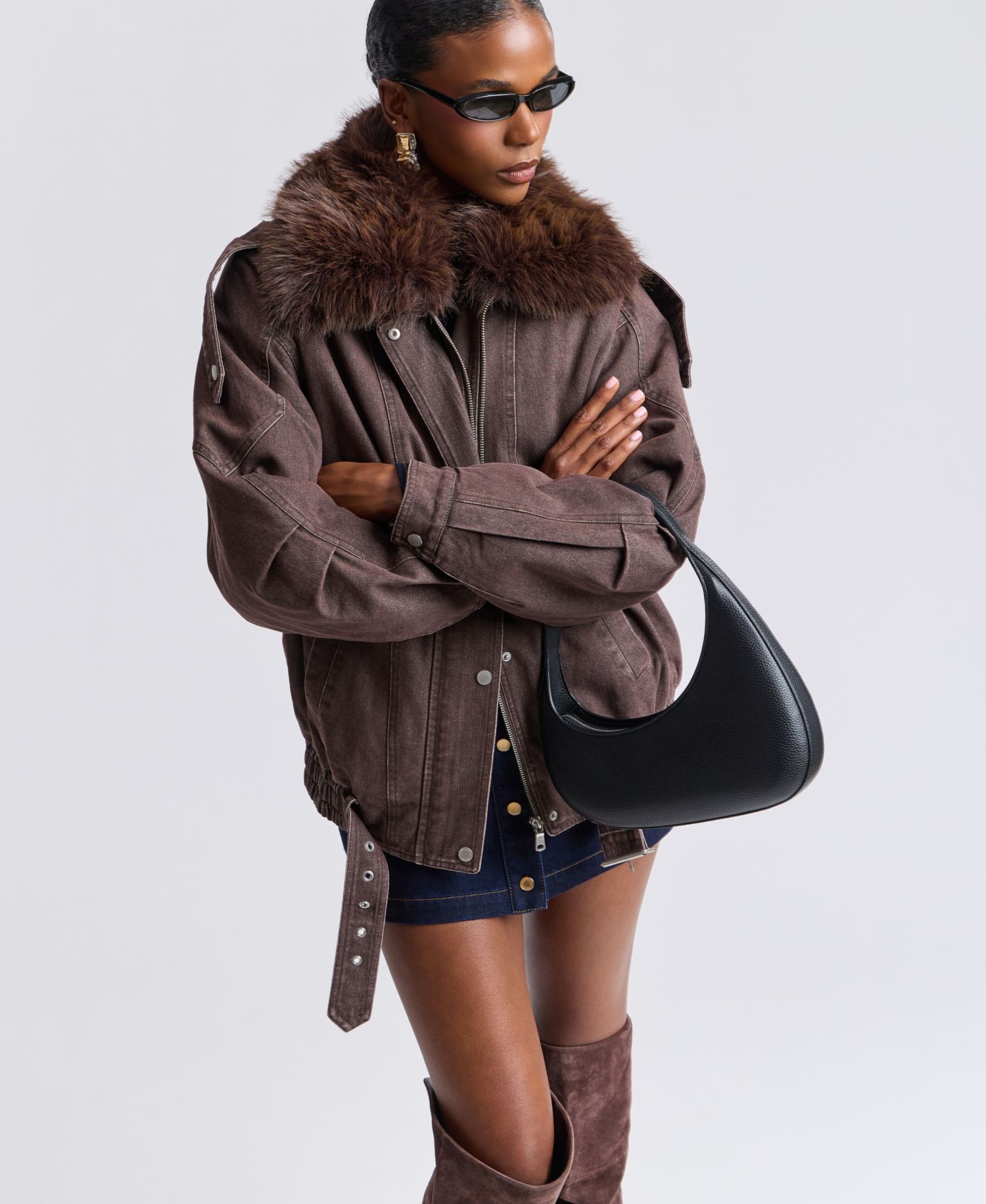 Women's Oversized-Fit Detachable Faux Fur Collar Bomber Coat