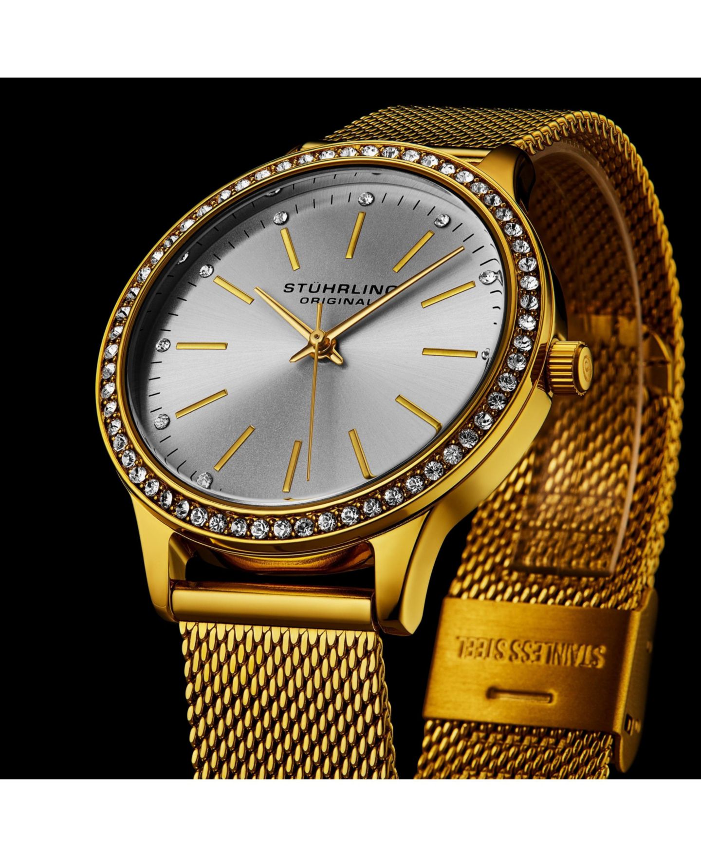 Женские часы Stuhrling Quartz Crystal Studded Gold Case and Gold Mesh Bracelet, Silver Dial, Gold Hands and Markers Watch, цвет: Золотой — фото 7