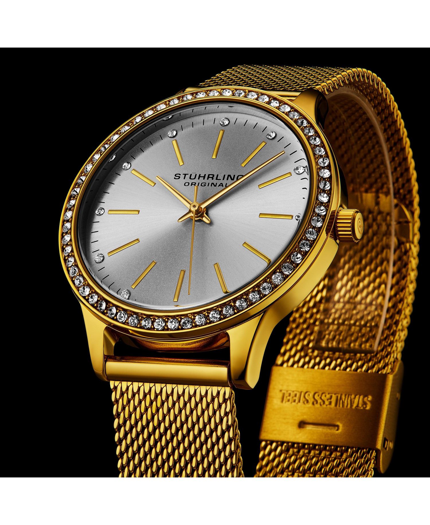 Women's Quartz Crystal Studded Gold Case and Gold Mesh Bracelet, Silver Dial, Gold Hands and Markers Watch
