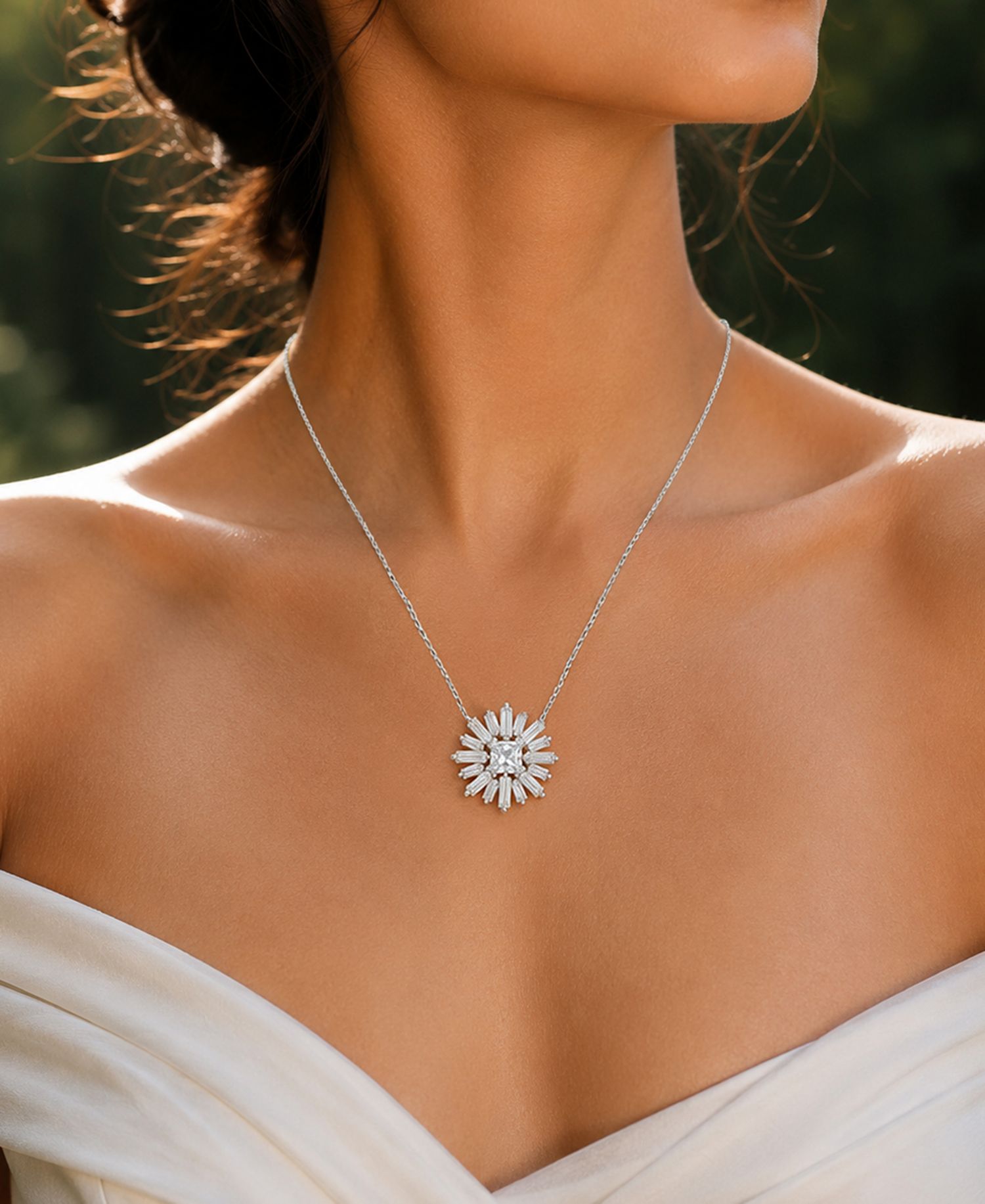Rhodium Over Sterling Silver Baguette and Princess Cut Cubic Zirconia Sunshine Necklace