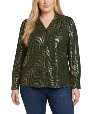 Plus Size Metallic-Print V-Neck Long-Sleeve Blouse
