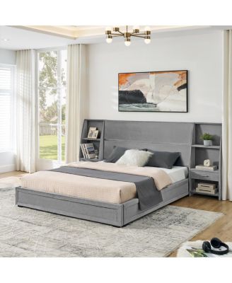 Queen Velvet Storage Bed Frame with Bookcases and Drawer