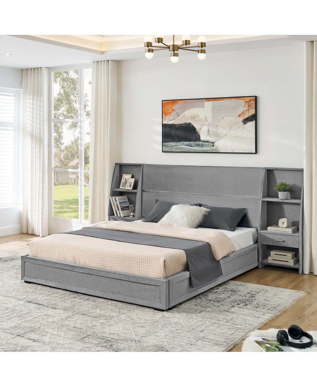 Streamdale Furniture Queen Velvet Storage Bed Frame with Bookcases and Drawer