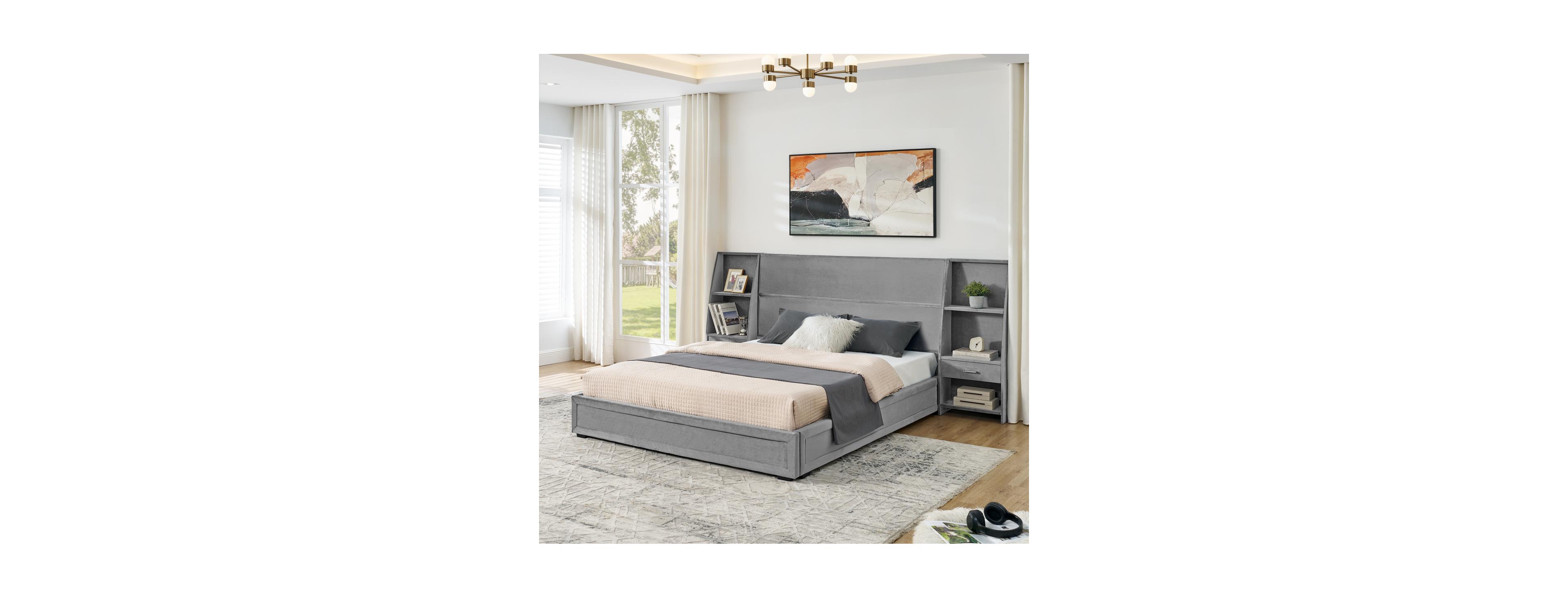 Streamdale Furniture Queen Velvet Storage Bed Frame with Bookcases and Drawer
