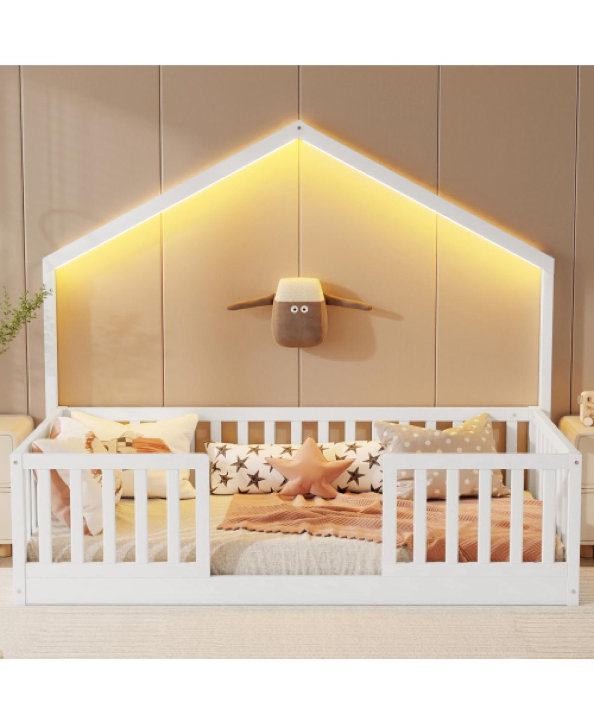 Streamdale Furniture Twin Floor Bed with High Rails and Light for Kids