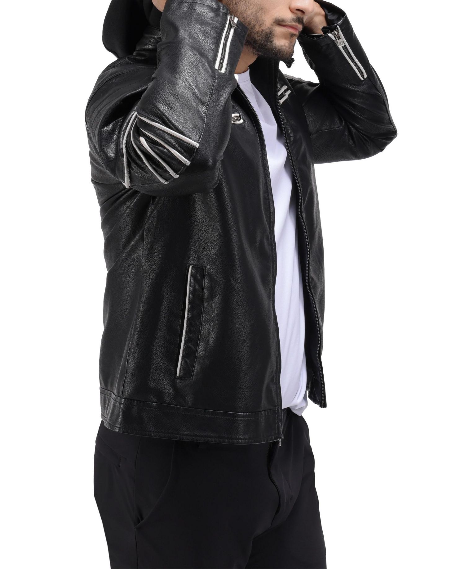 XRAY Men's Grainy PU Moto Jacket With Hood and Faux Shearling Lining