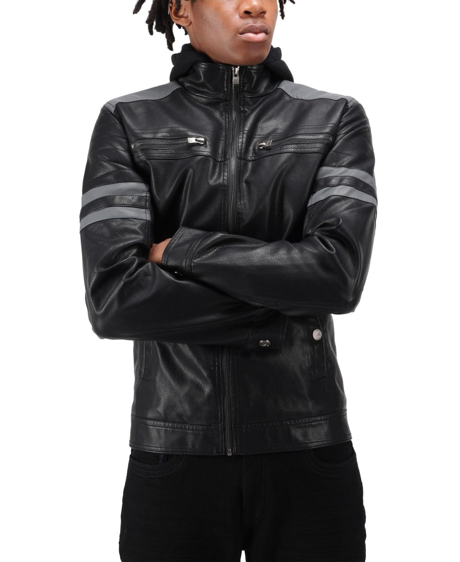 XRAY Men's Grainy PU Leather Hooded Jacket With Faux Shearling Lining