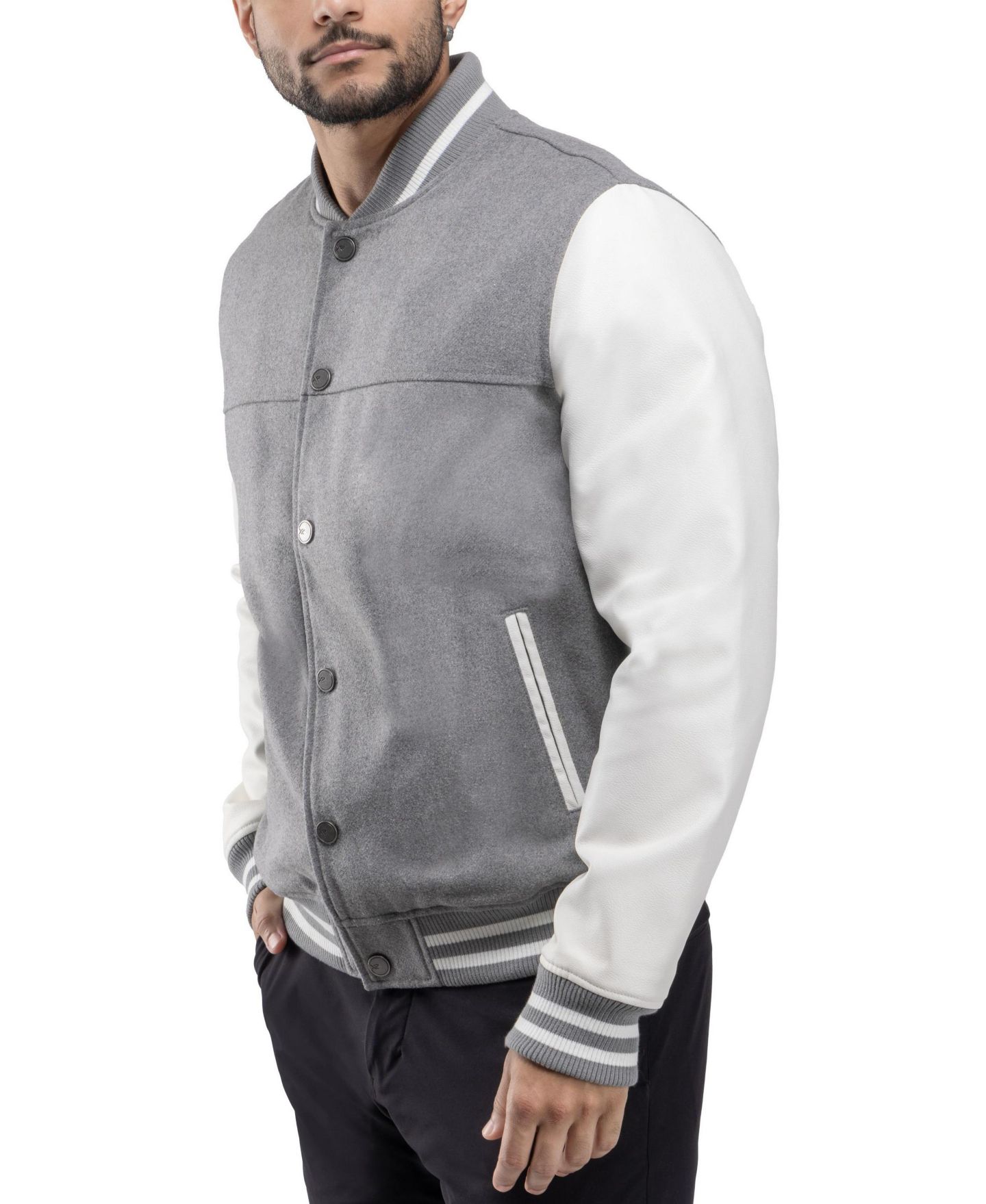 Мужская куртка X-Ray Wool Varsity Bomber With PU Sleeves, цвет: Серый / Белый — фото 4