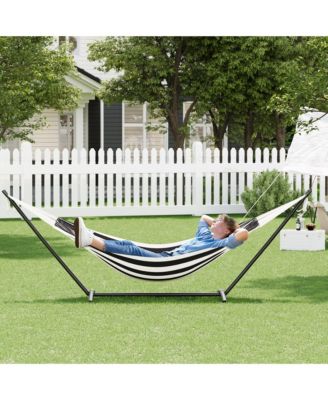 Double Hammock with Heavy-Duty Steel Stand, Indoor Outdoor Portable 2-Person Striped Cotton Freestanding Hammock with Carry Bag for Garden Camping