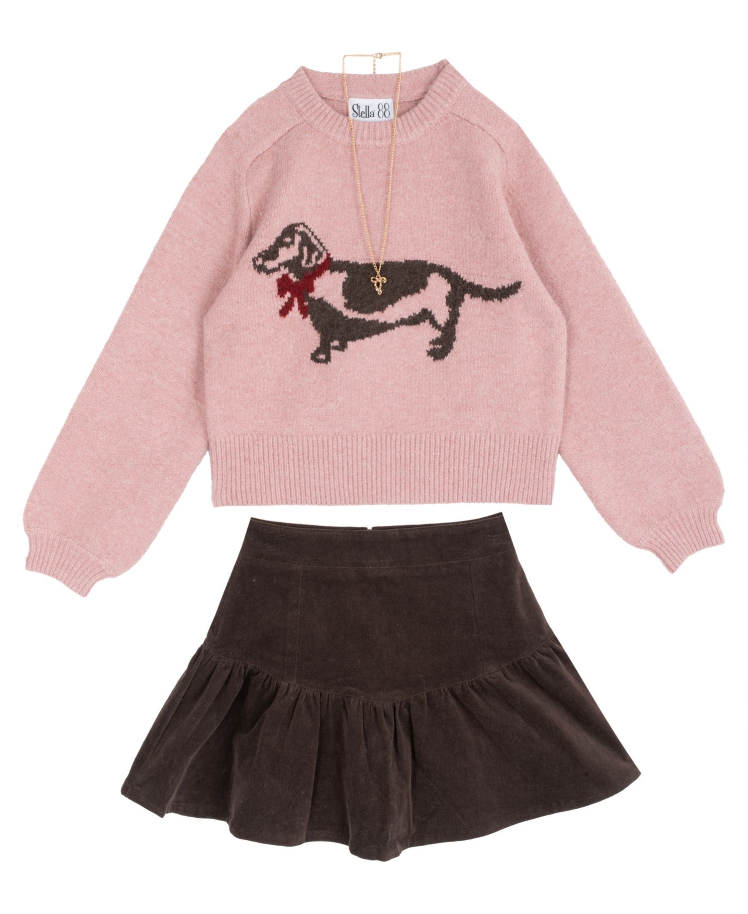 Girls' 7-12 Dog Graphic Brushed Sweater, Corduroy Skort and Necklace, 3-Piece Set