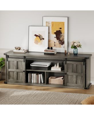 Farmhouse TV Stand for TVs up to 75 Inch, Entertainment Center with Sliding Barn Doors, Storage Cabinets, Cable Management Hole, Media Console Table