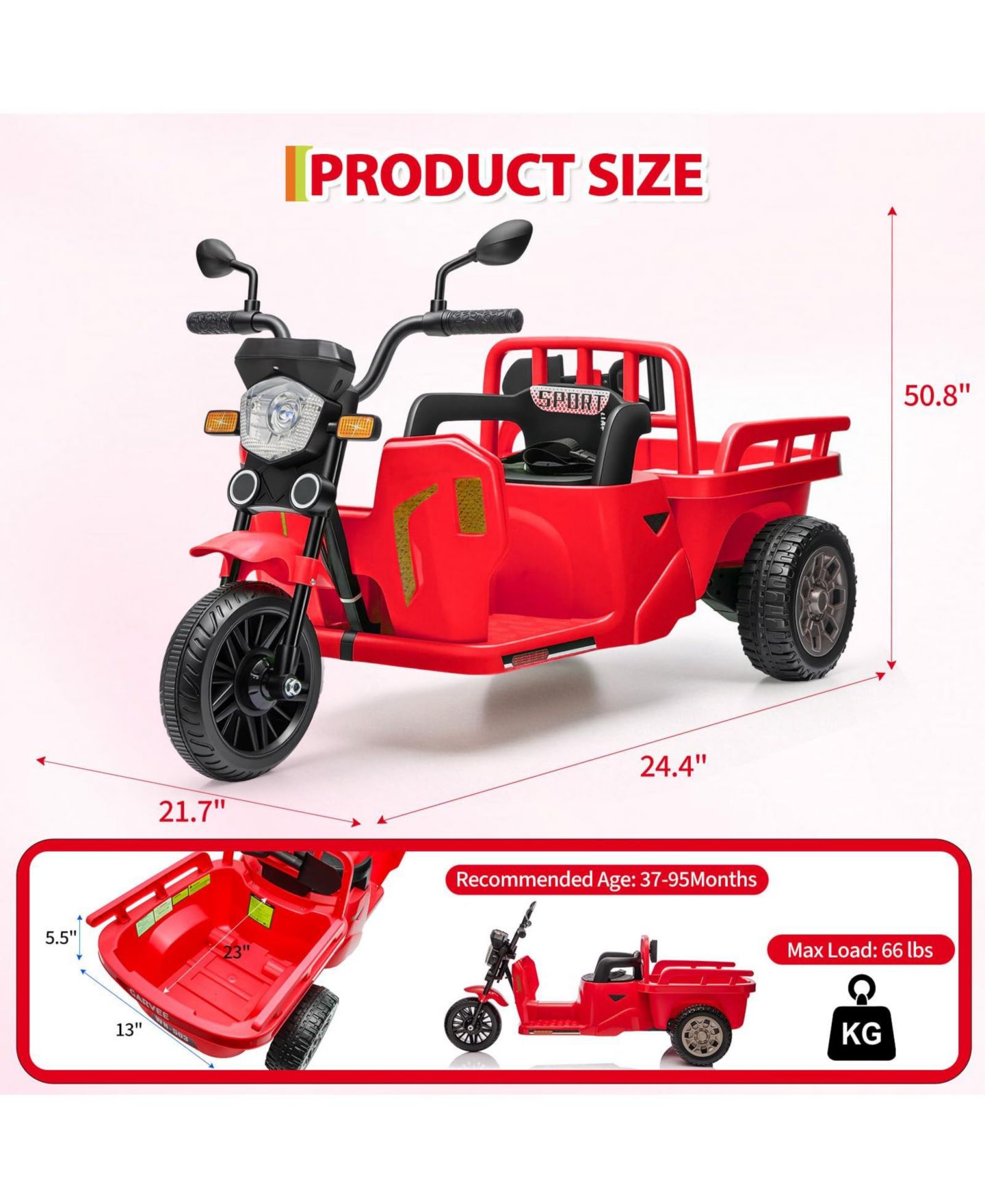 Детская игрушка homfan 12V Kids Electric Motorcycle 3-Wheel Ride-On Tractor with Trailer, 2x55W Motor, Bluetooth Music, Ages 3-8 — фото 2