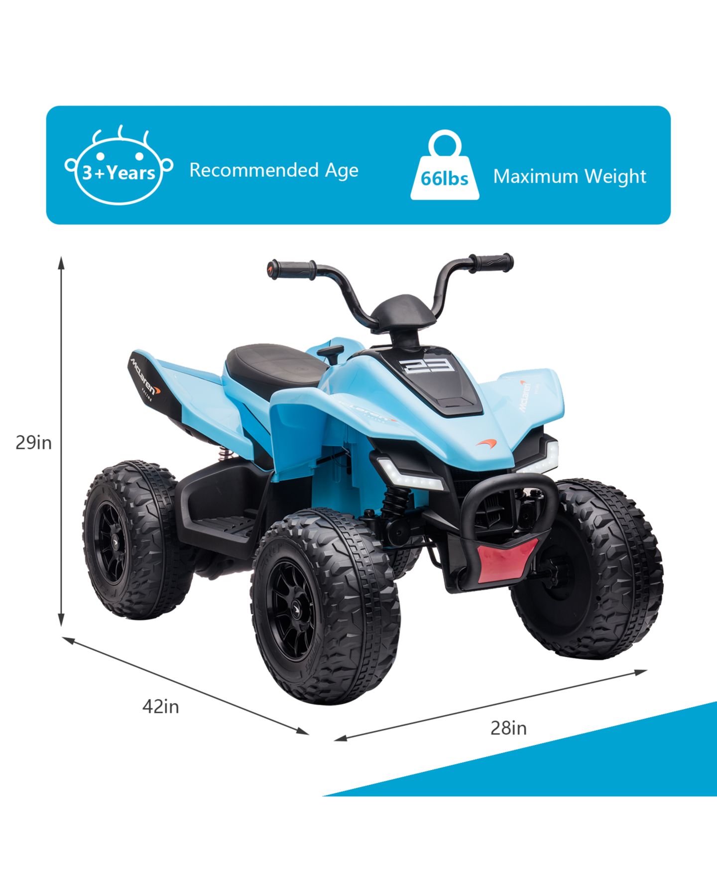 Детская игрушка homfan 24V 4WD Kids Ride On ATV 4 Wheeler Quad Car with LED Lights, 2 Speed, 66 lb Capacity, 3–8 лет — фото 4