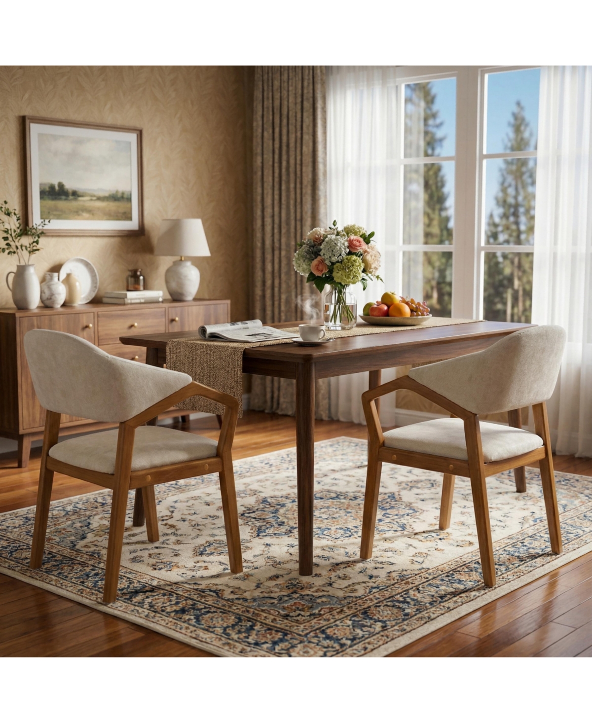 Flynama Set of 2 Chenille Arm Dining Chairs, Teak Bent Wood Frame 300lbs Weight Capacity