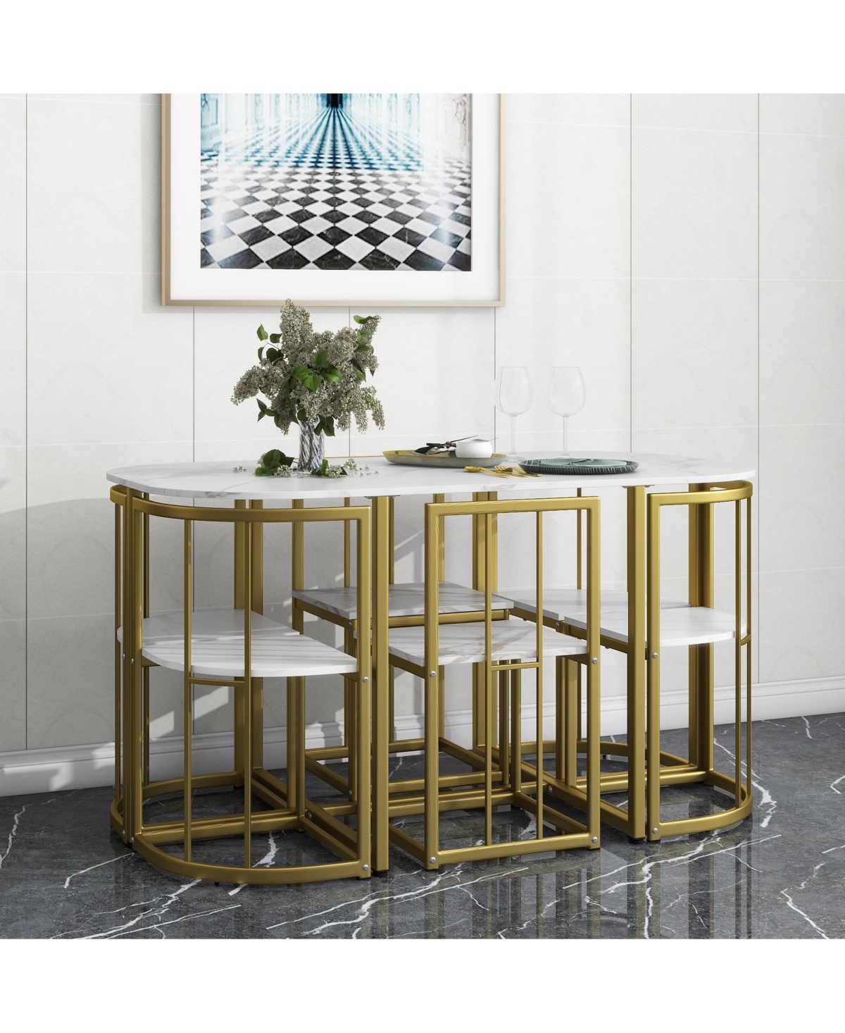 Flynama 7-Piece Golden Faux Marble Dining Set, 53.5" Table and 6 Chairs