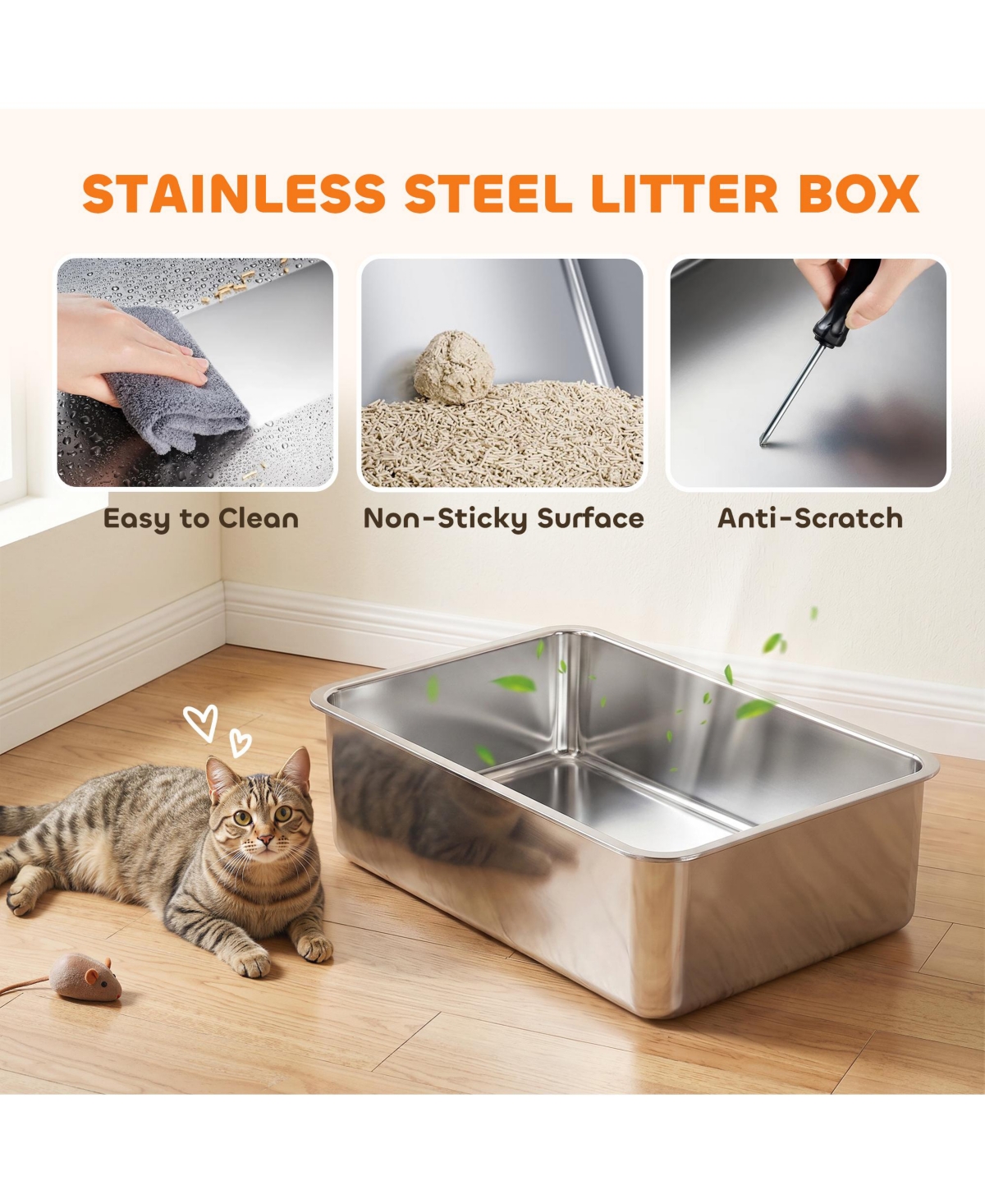 PawHut 2 Pack Xl Stainless Steel Litter Box with Tracking Step and Scoops