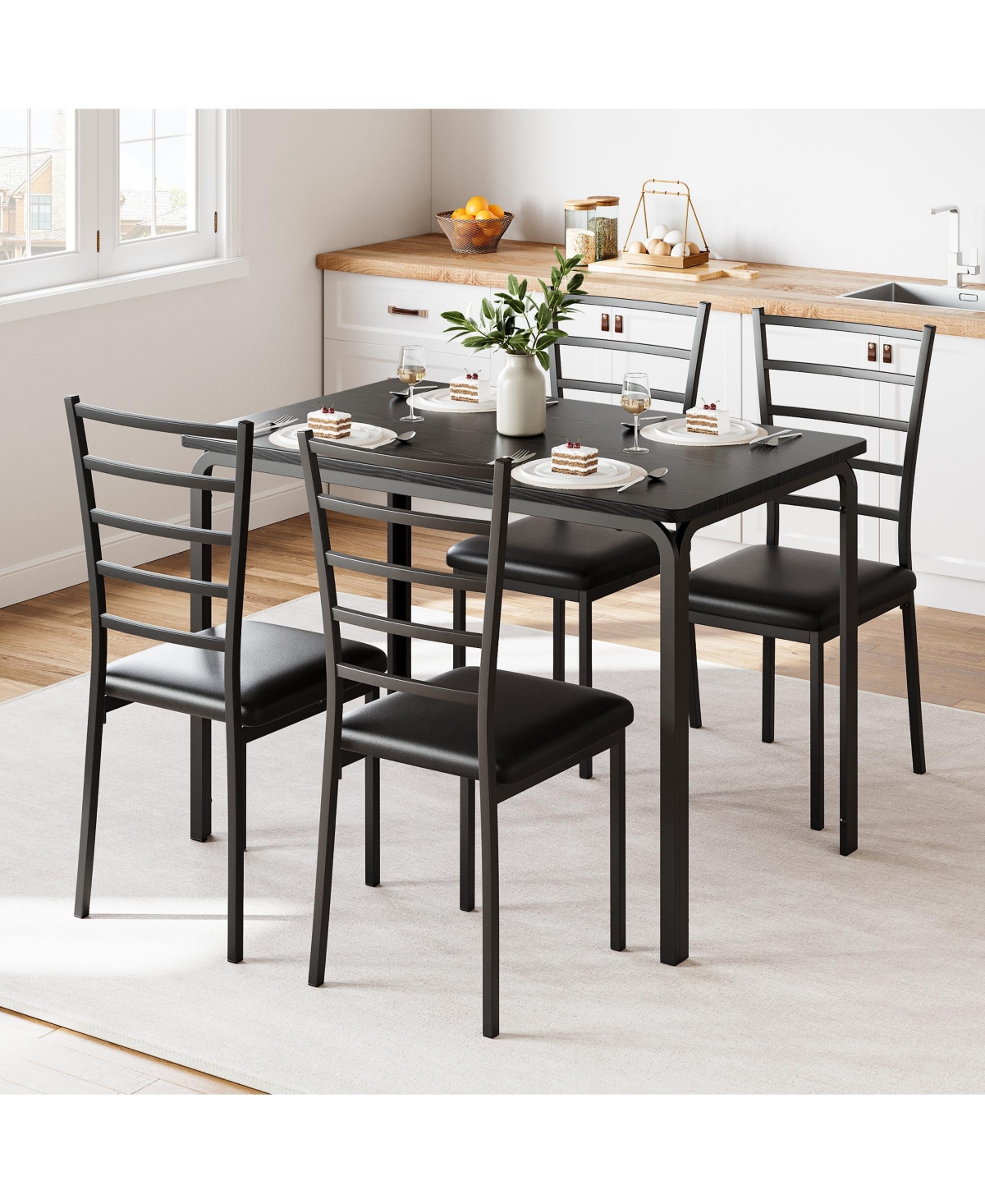 homfan 5-Piece Dining Glass Table wiht 4 Pu Leather Chairs Space-Saving Metal Frame