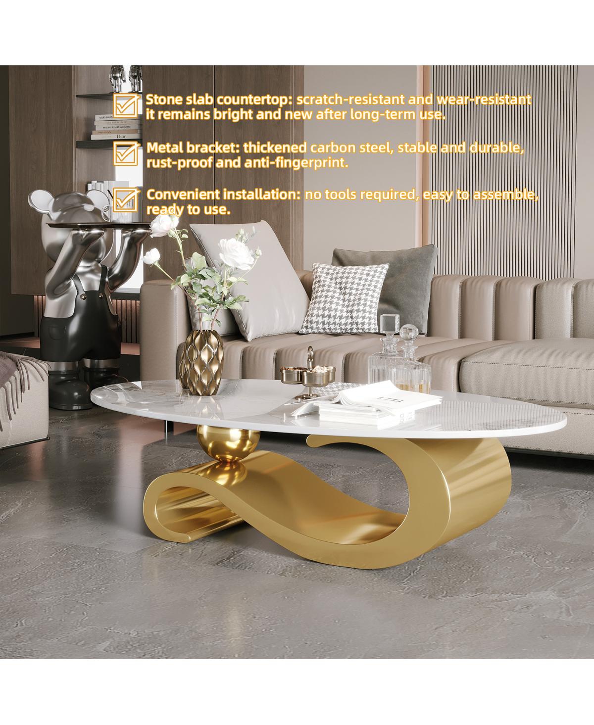 Streamdale Furniture Gold Metal Coffee Table with Stainless Steel Pedestal and Faux Marble Top