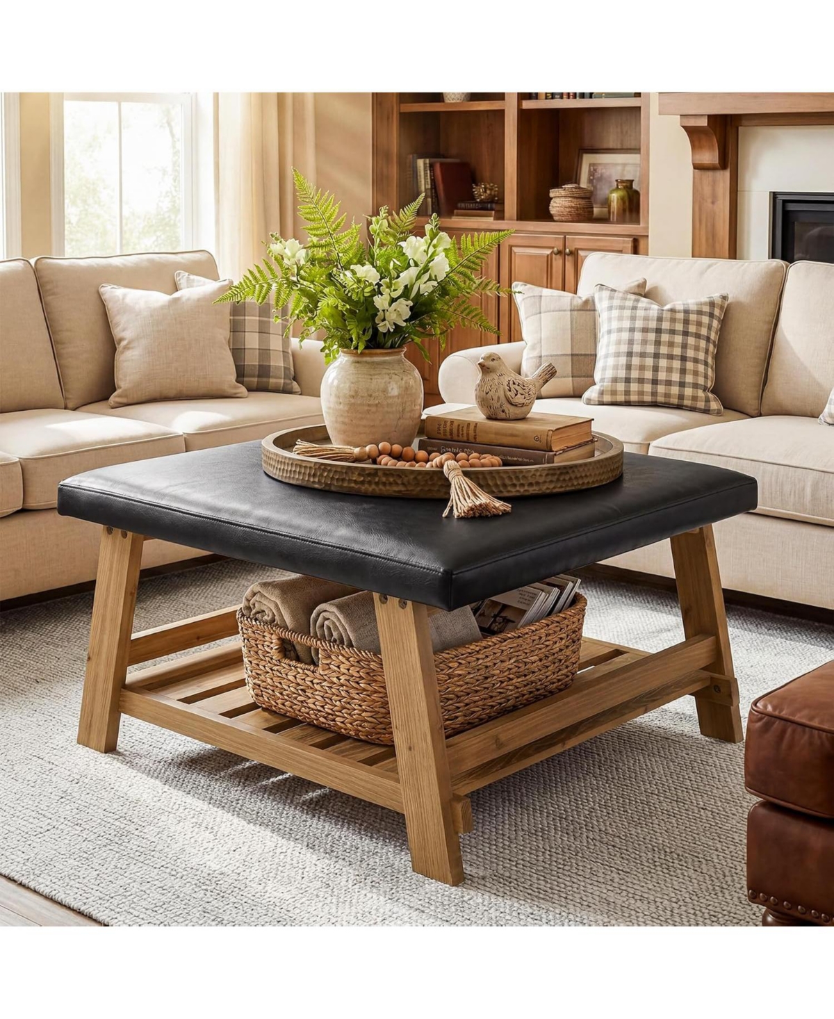 Tribesigns Square Ottoman Coffee Table, 31.5-Inch Faux Leather Ottoman with Solid Wood Storage Shelf