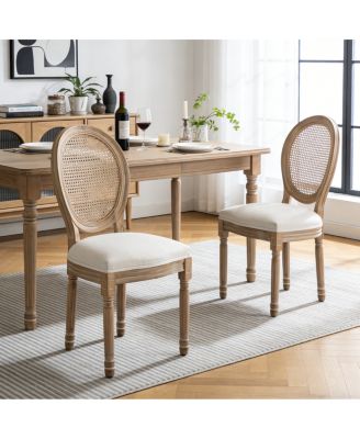  Farmhouse Rattan Dining Chairs with Cushioned Linen Seat, Set of 2