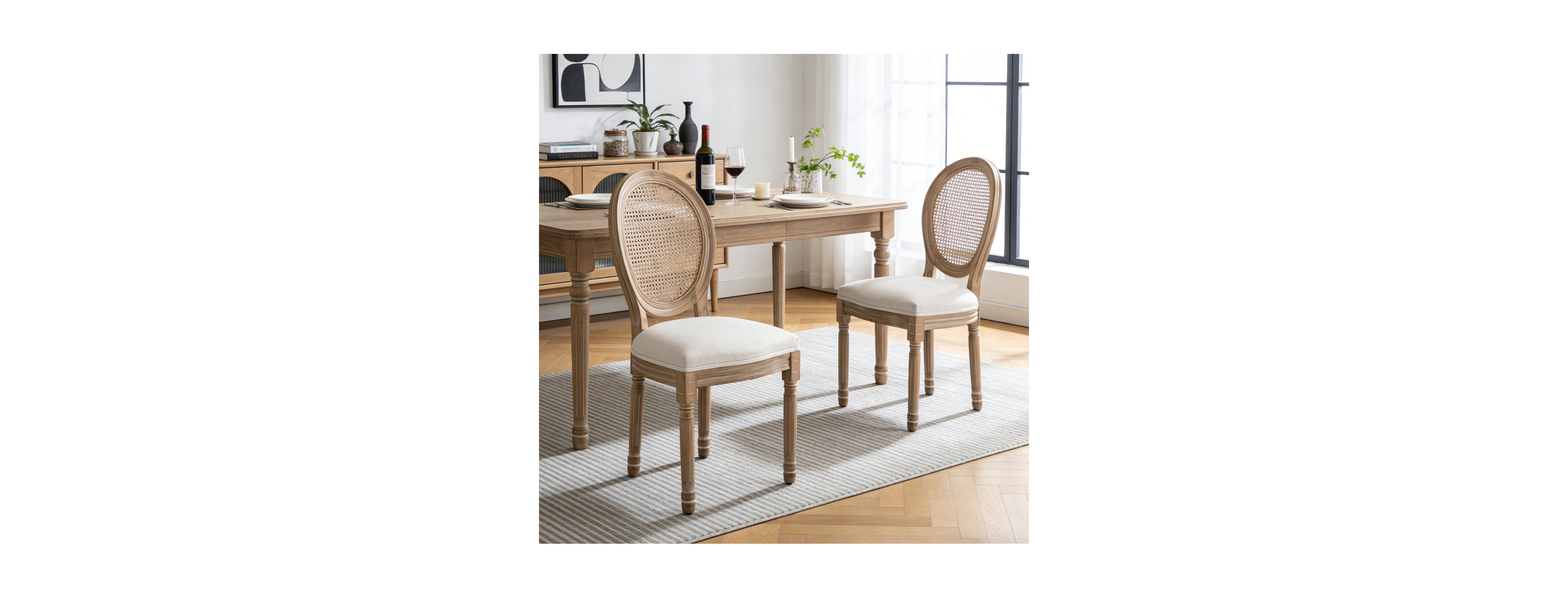 Streamdale Furniture Farmhouse Rattan Dining Chairs with Cushioned Linen Seat, Set of 2
