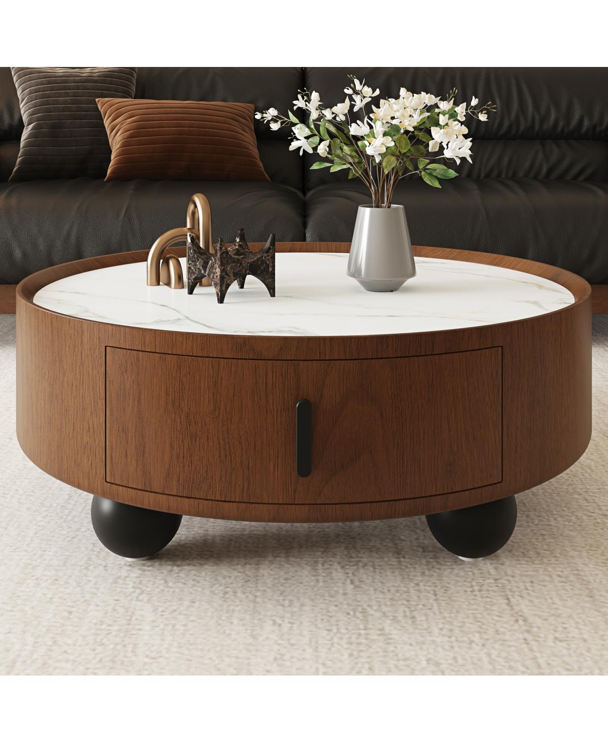 Streamdale Furniture 35" Round Marble-Look Coffee Table with Storage and Ball Feet