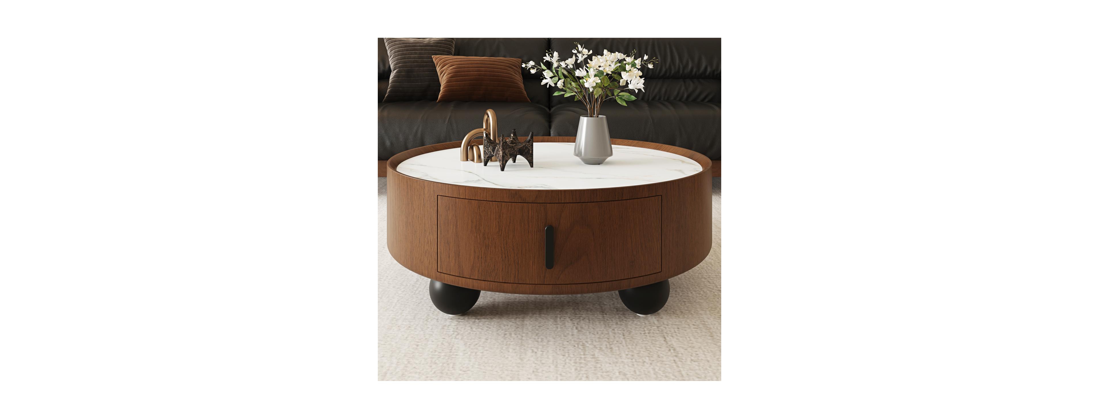 Streamdale Furniture 35" Round Marble-Look Coffee Table with Storage and Ball Feet
