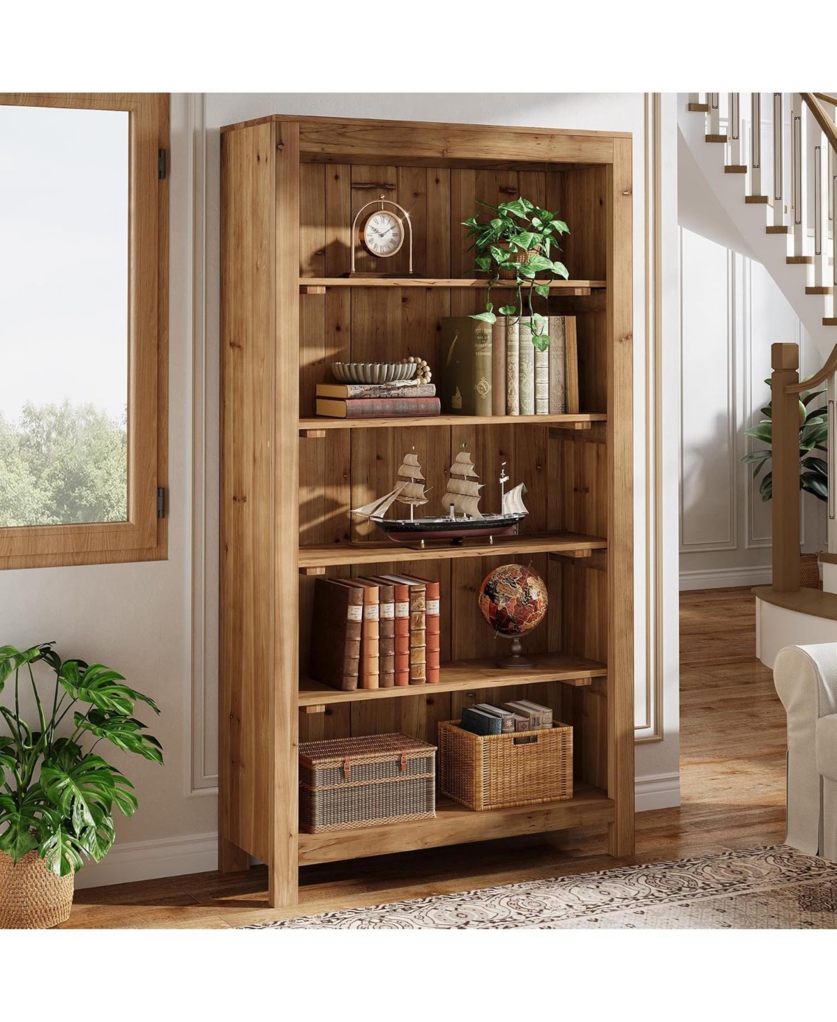 Tribesigns 5-Tier Tall Bookcase Solid Wood Large Bookshelf Heavy Duty