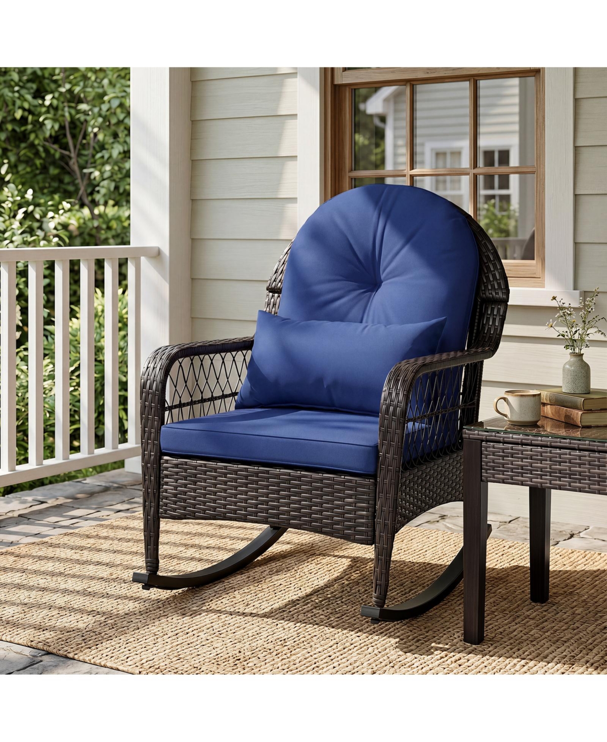 Gymax 2 Piece Outdoor Wicker Rocking Chair 400 Lbs Rattan Rocker Chair with Thick Cushions