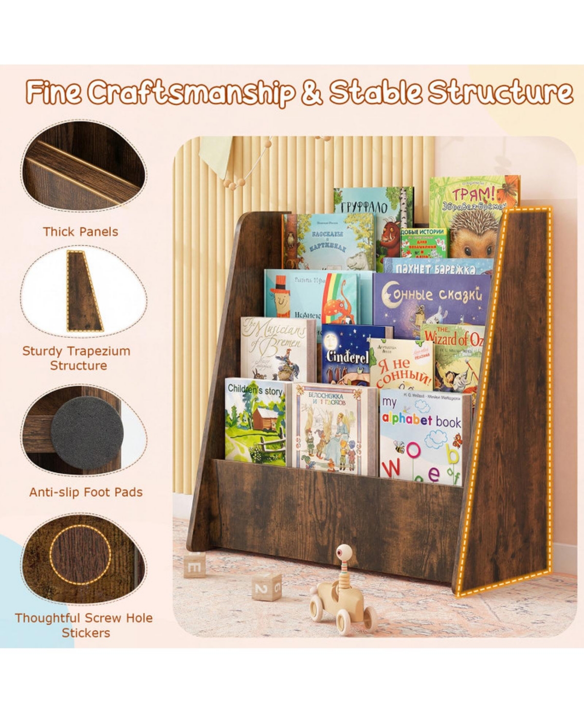Sugift 4-Tier Kids Bookshelf with Deep Compartments for Bedroom