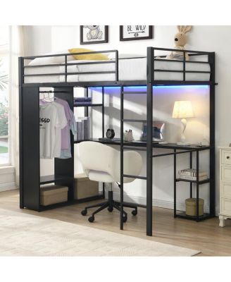 Twin Metal Loft Bed with Desk and Open Storage Cabinet