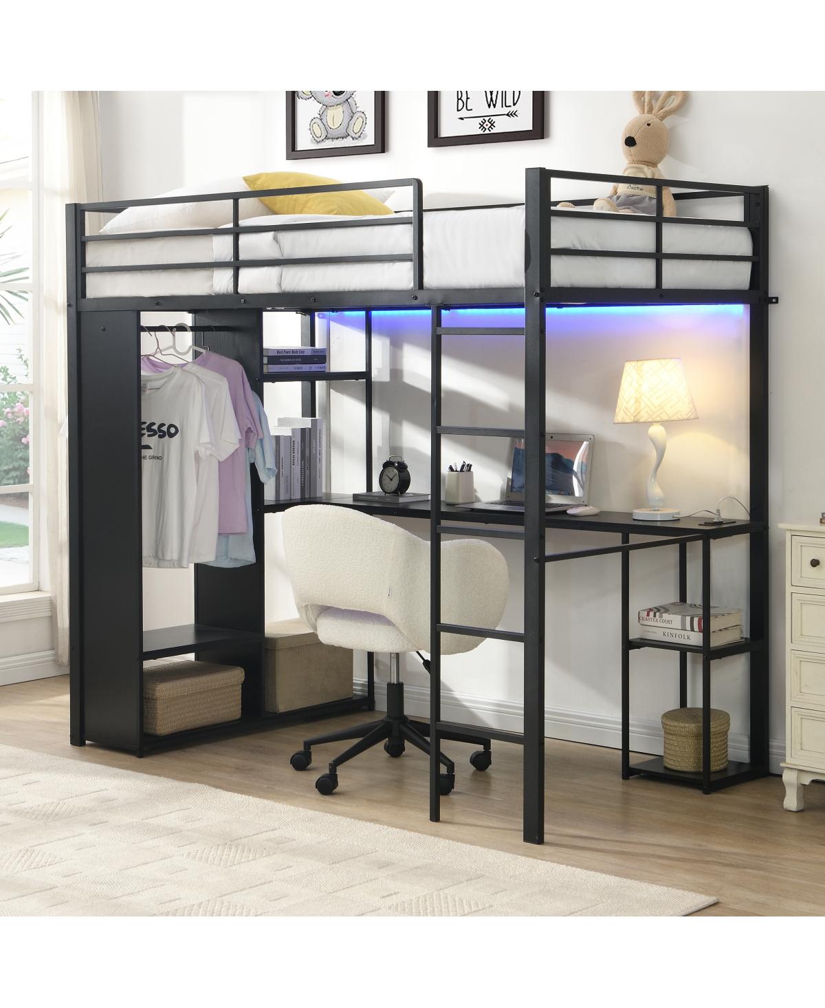 Streamdale Furniture Twin Metal Loft Bed with Desk and Open Storage Cabinet