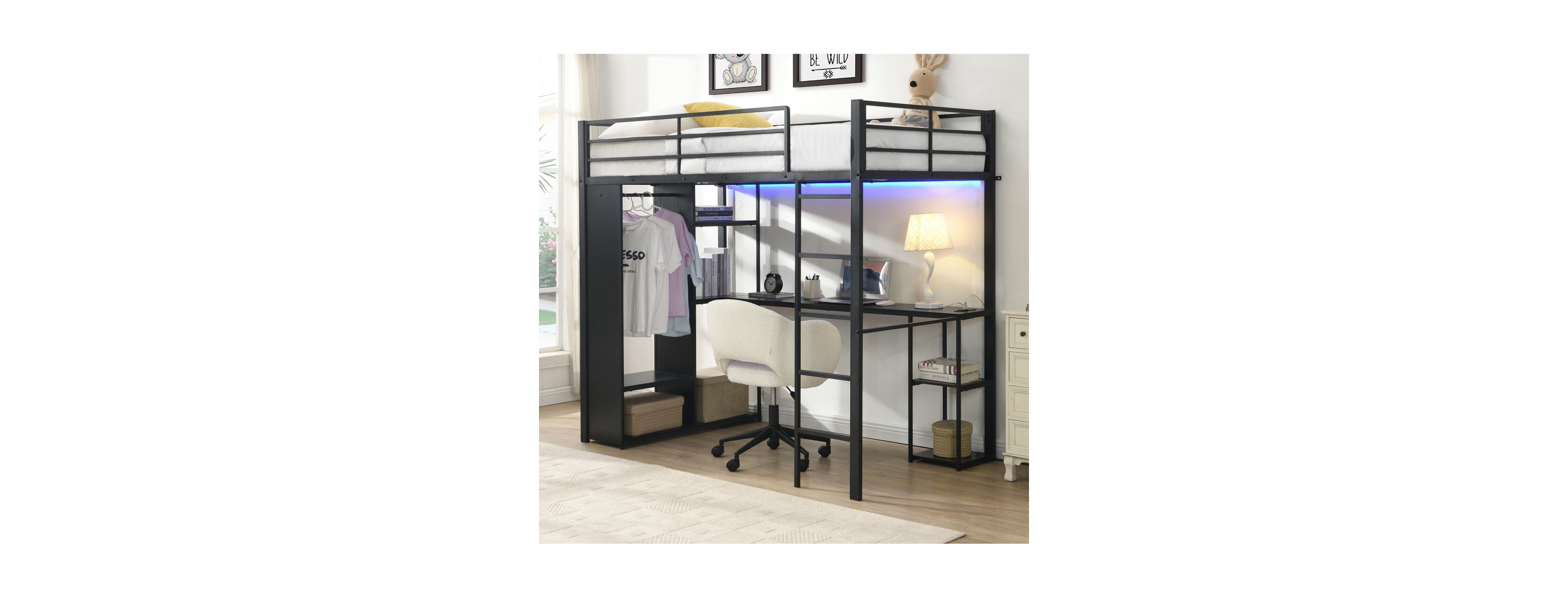 Streamdale Furniture Twin Metal Loft Bed with Desk and Open Storage Cabinet