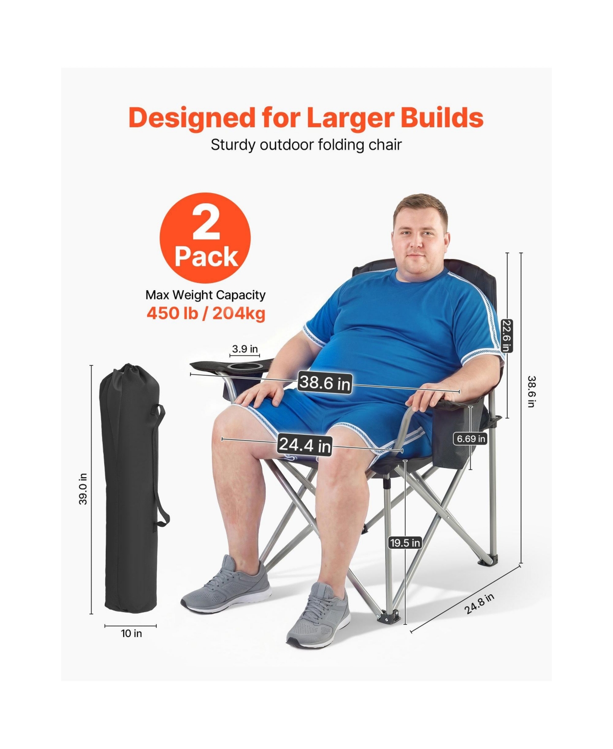 Mountaintop Oversized Camping Chairs 2 Pack, 450lbs Heavy Duty Folding Chairs, Padded Backrest, Armrests, Cup Holder and Cooler Bag