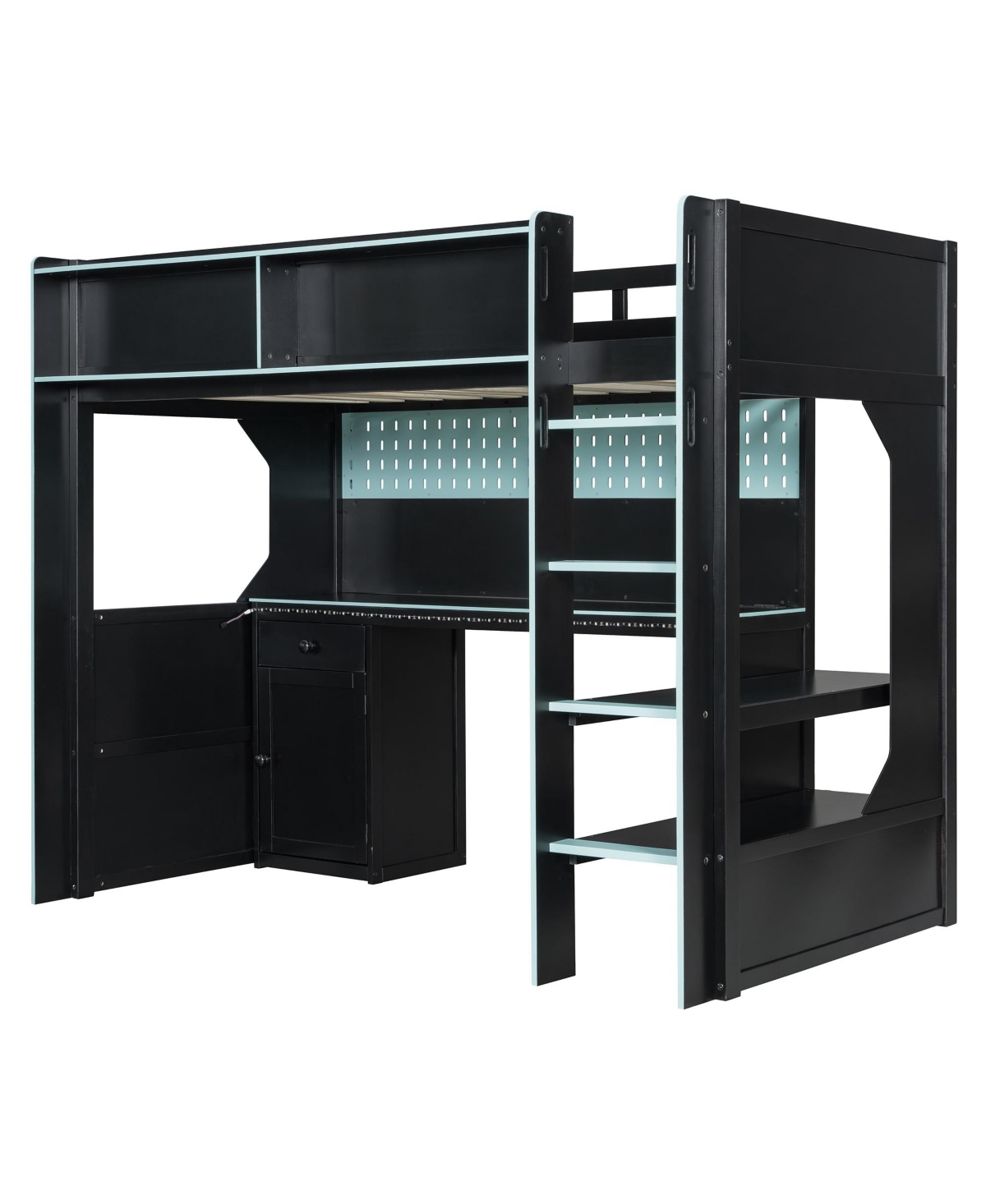 Clihome Twin Size Gaming Loft Bed with Integrated Desk and Lights, Modern Wooden Bed Frame with Desk and Built-in Charging Station
