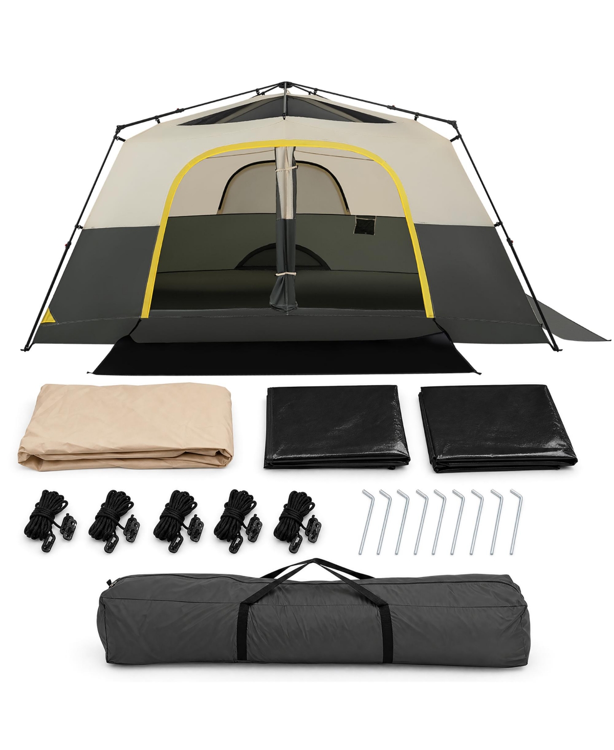 Gymax - 10 Person Instant Cabin Camping Tent w/ Rainfly Carry Bag 13 ft x 9 ft Black - Beige