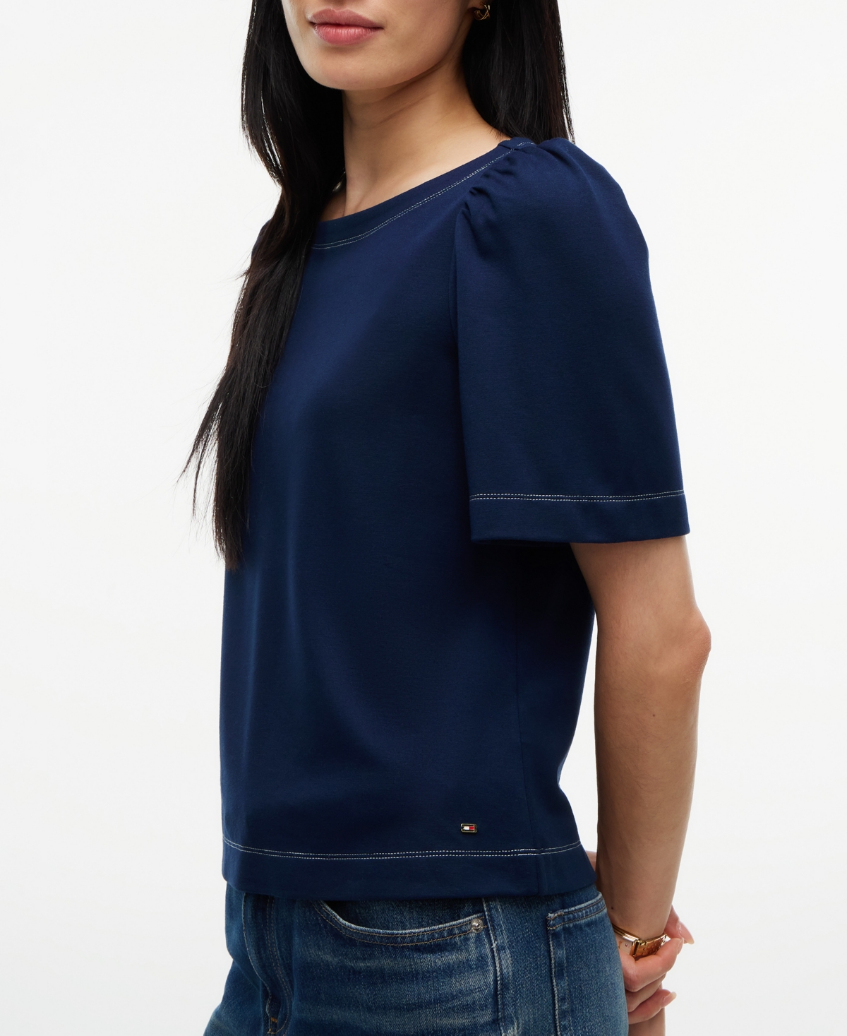 Tommy Hilfiger Women's Boat Neck Short-Sleeve Topstitch T-Shirt