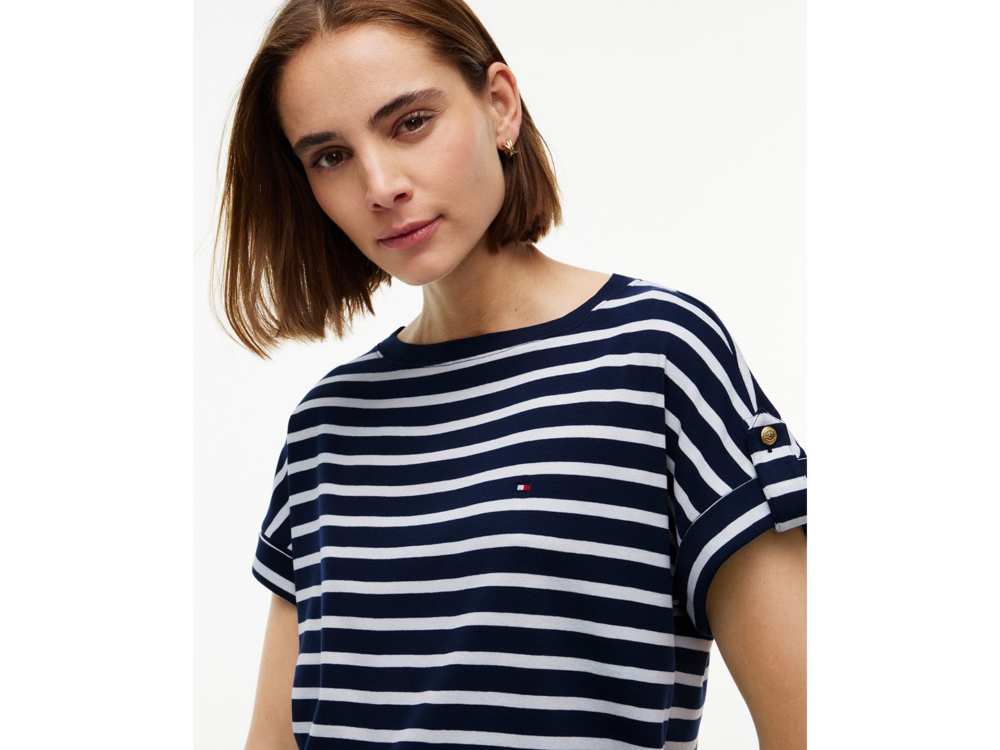 Женская футболка Tommy Hilfiger Breton-Stripe Boat-Neck Gold-Tone Button, цвет: Тёмный синий экрю — фото 3