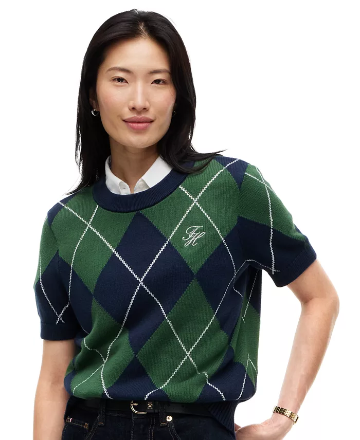 Women's Tartan Argyle Short-Sleeve Sweater