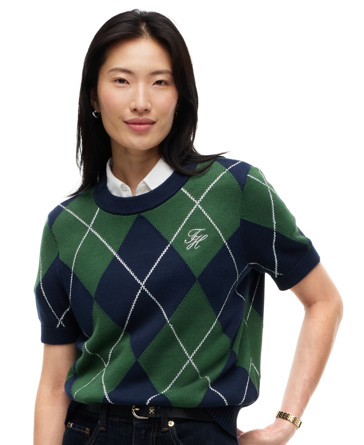 Women's Tartan Argyle Short-Sleeve Sweater