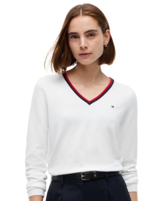 Women's V-Neck Long-Sleeve Red, White, and Blue Sweater