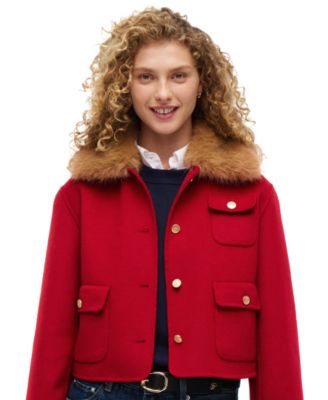 Women's Wool-Blend Cropped Jacket with Faux Fur