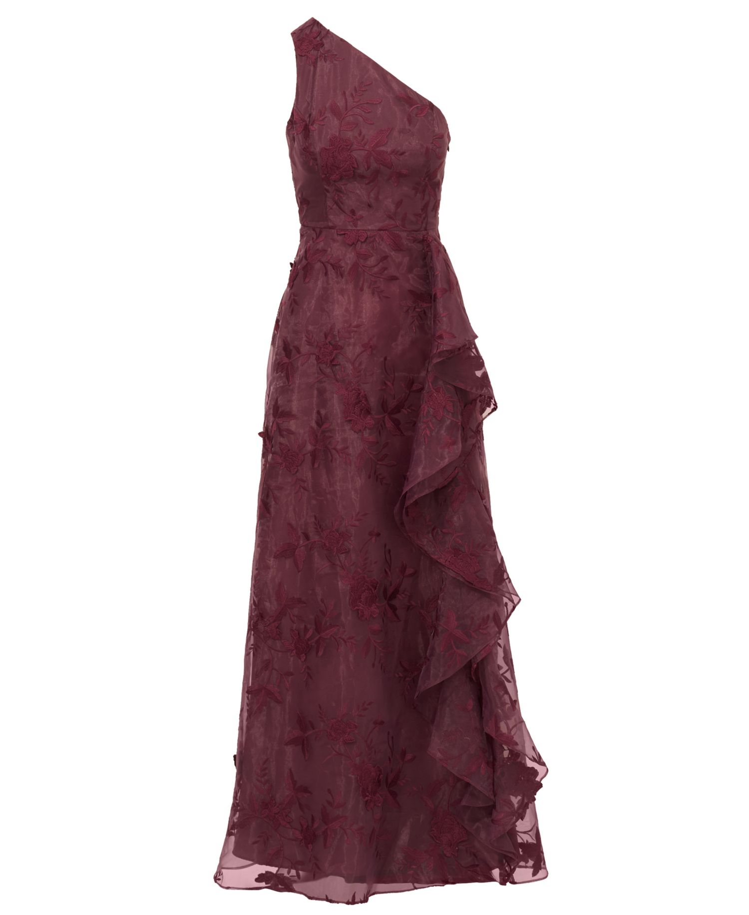 Women's Petite One-Shoulder Floral-Embroidered Ruffle Gown