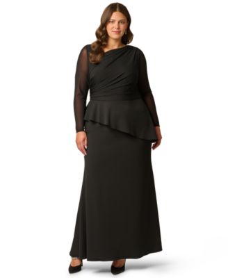 Plus Size Knit Crepe Combo Mesh Go Asymmetrical Long-Sleeve Dress