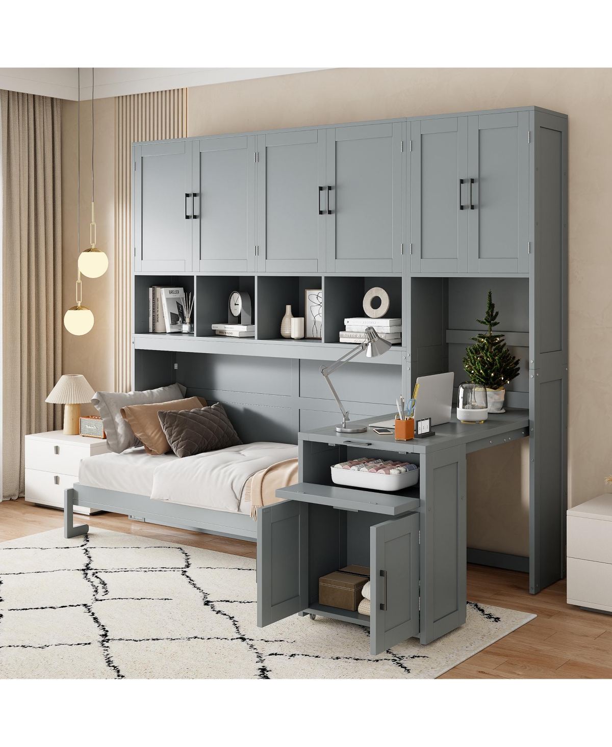 Clihome Twin Size Murphy Bed Wall Bed with Closet , Drawers and Desk